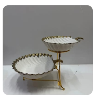 Luxury 2-Tier Ceramic Serving Bowl with Golden Corners – Elegant Tableware