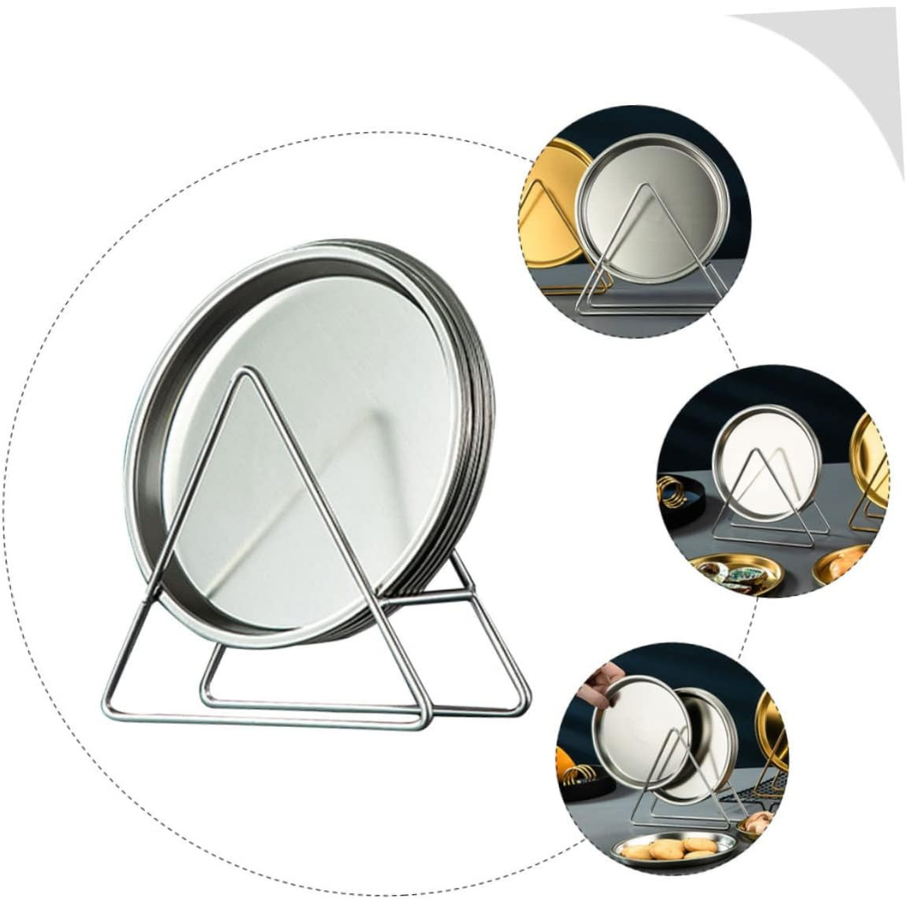 One set of a round stainless steel dinner plates with plates holder Silver.