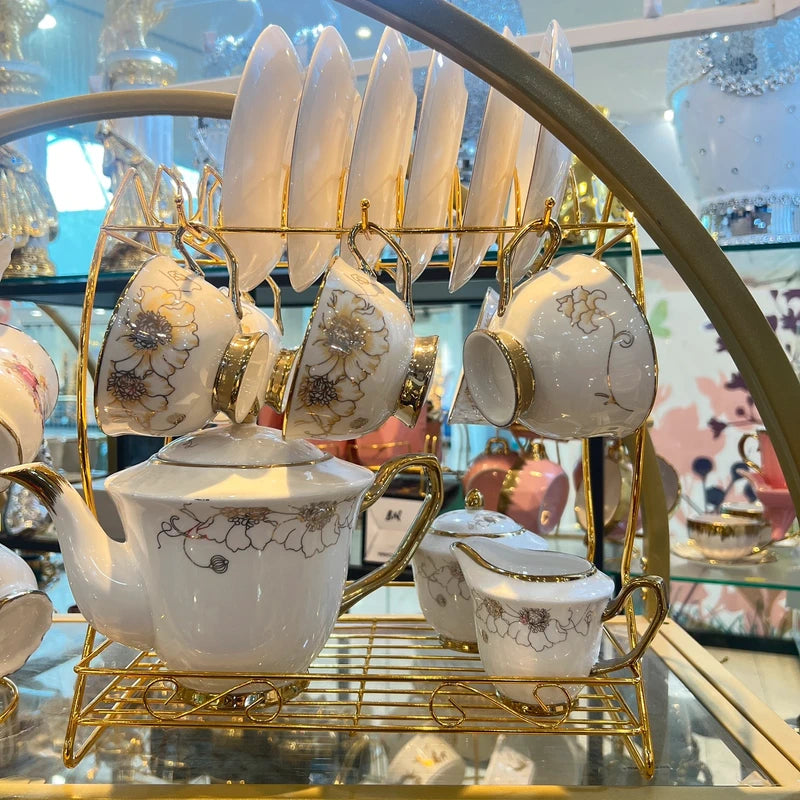 Luxury Floral Tea Cup Set with Stand – 6 Cups & Teapot