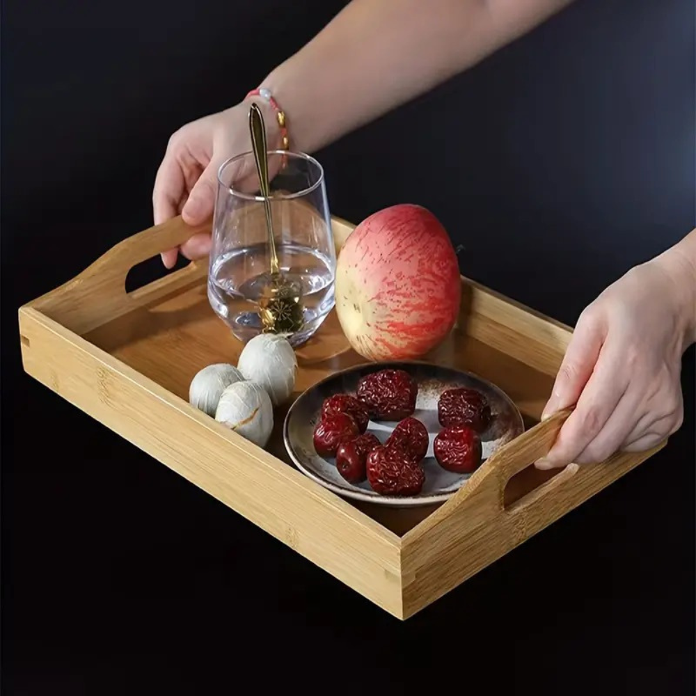 2 Pcs Rectangular Wooden Serving Tray with Handles Breakfast Food Trays 35cm.