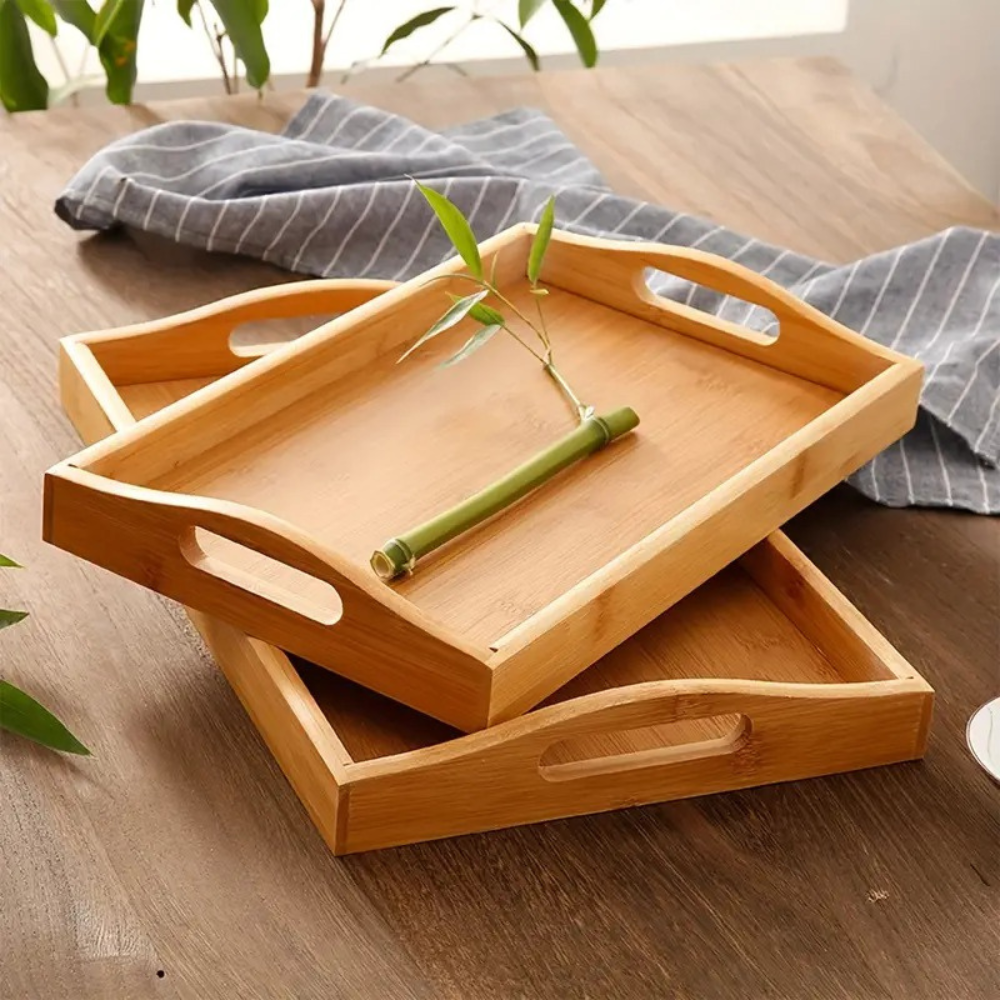 2 Pcs Rectangular Wooden Serving Tray with Handles Breakfast Food Trays 35cm.