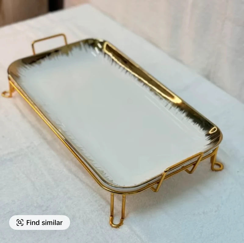 Luxury 35cm Ceramic Tray – Elegant Golden Design with Stand for Serving