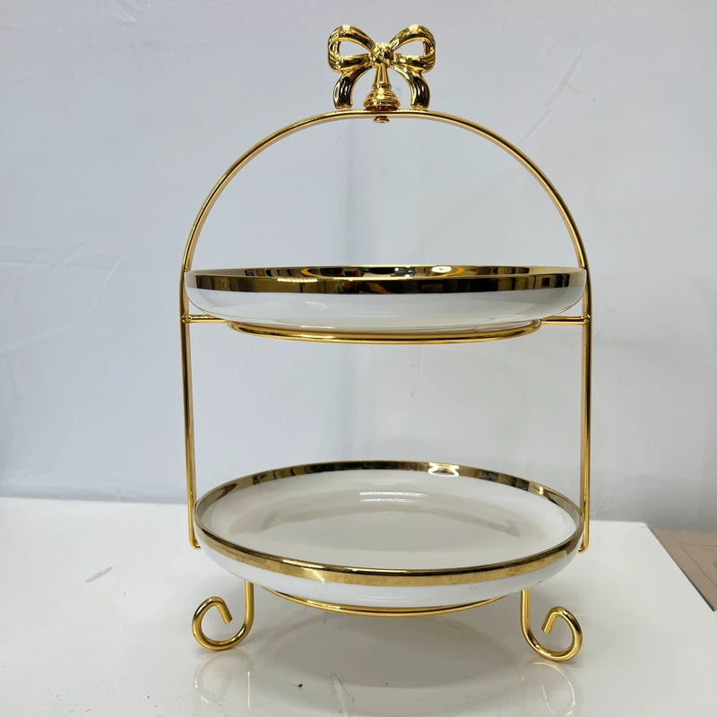 Luxury 2 Tier Cake Stand – Elegant Ceramic with Stainless Steel Stand for Desserts