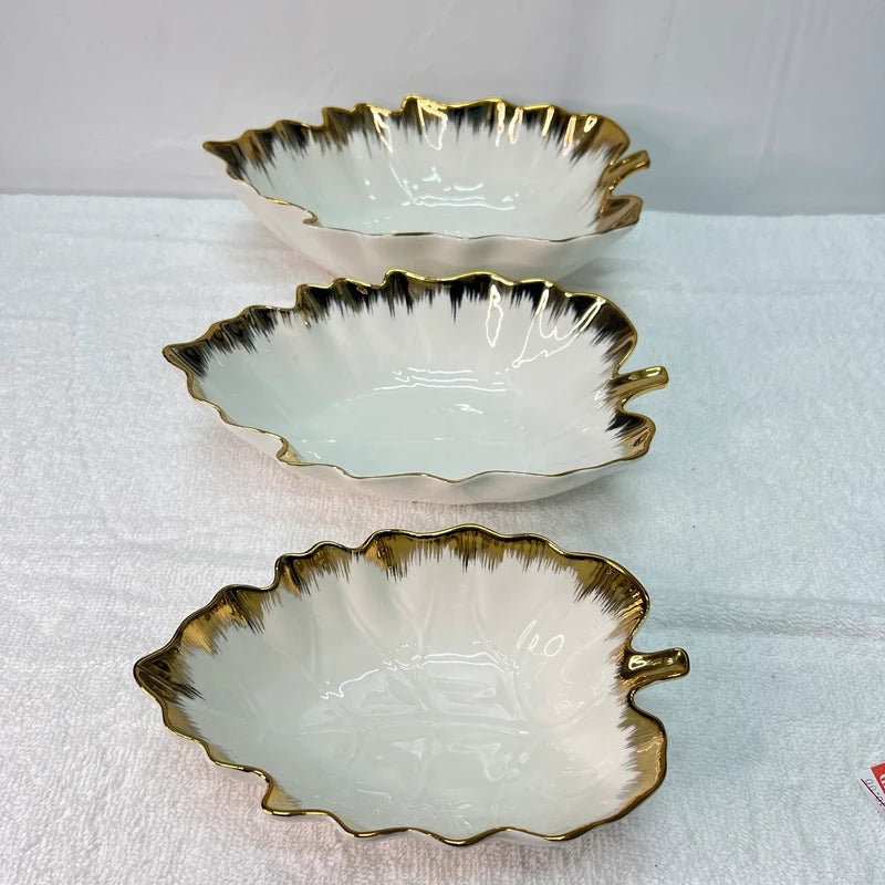 Luxury 3 Piece Leaf Set Ceramic Gold for Serving – Elegant Tableware for Entertaining