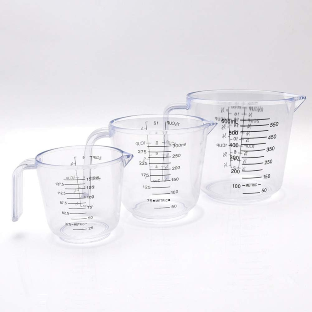 3 Pcs large capacity plastic measuring cups for baking and cooking (1000 ml, 300 ml, and 600 ml) .