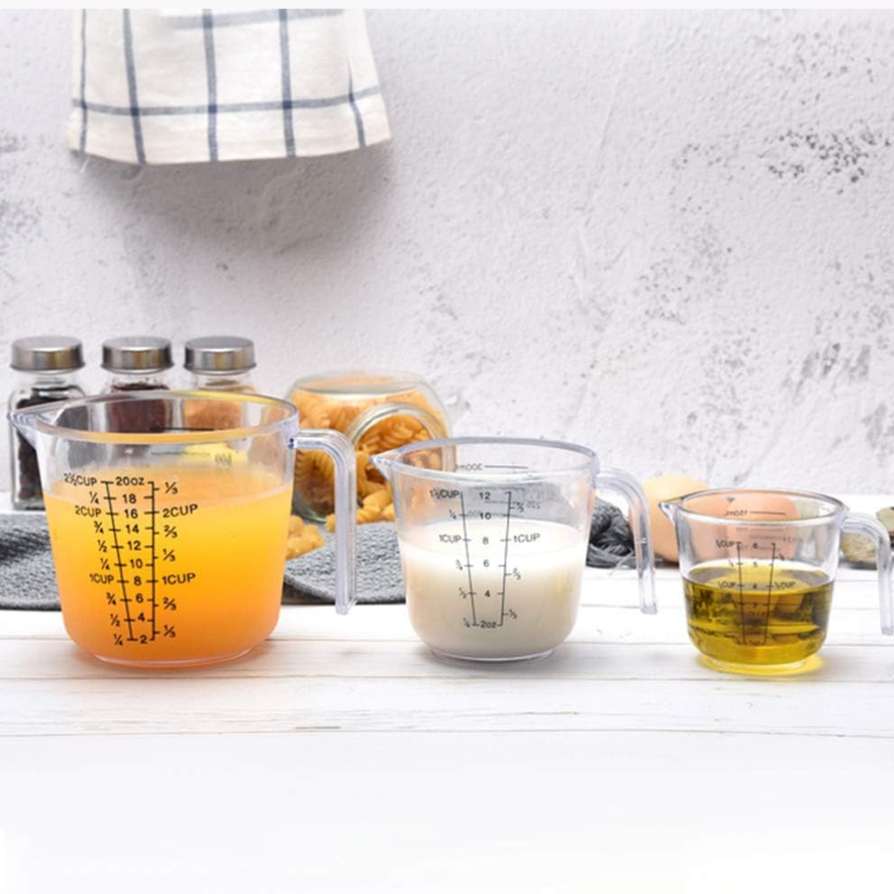 3 Pcs large capacity plastic measuring cups for baking and cooking (1000 ml, 300 ml, and 600 ml) .