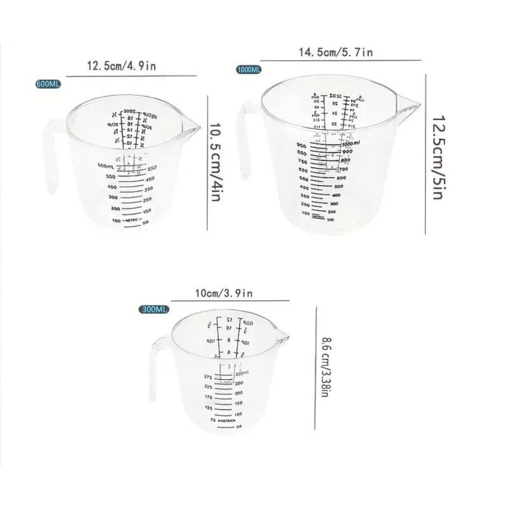 3 Pcs large capacity plastic measuring cups for baking and cooking (1000 ml, 300 ml, and 600 ml) .