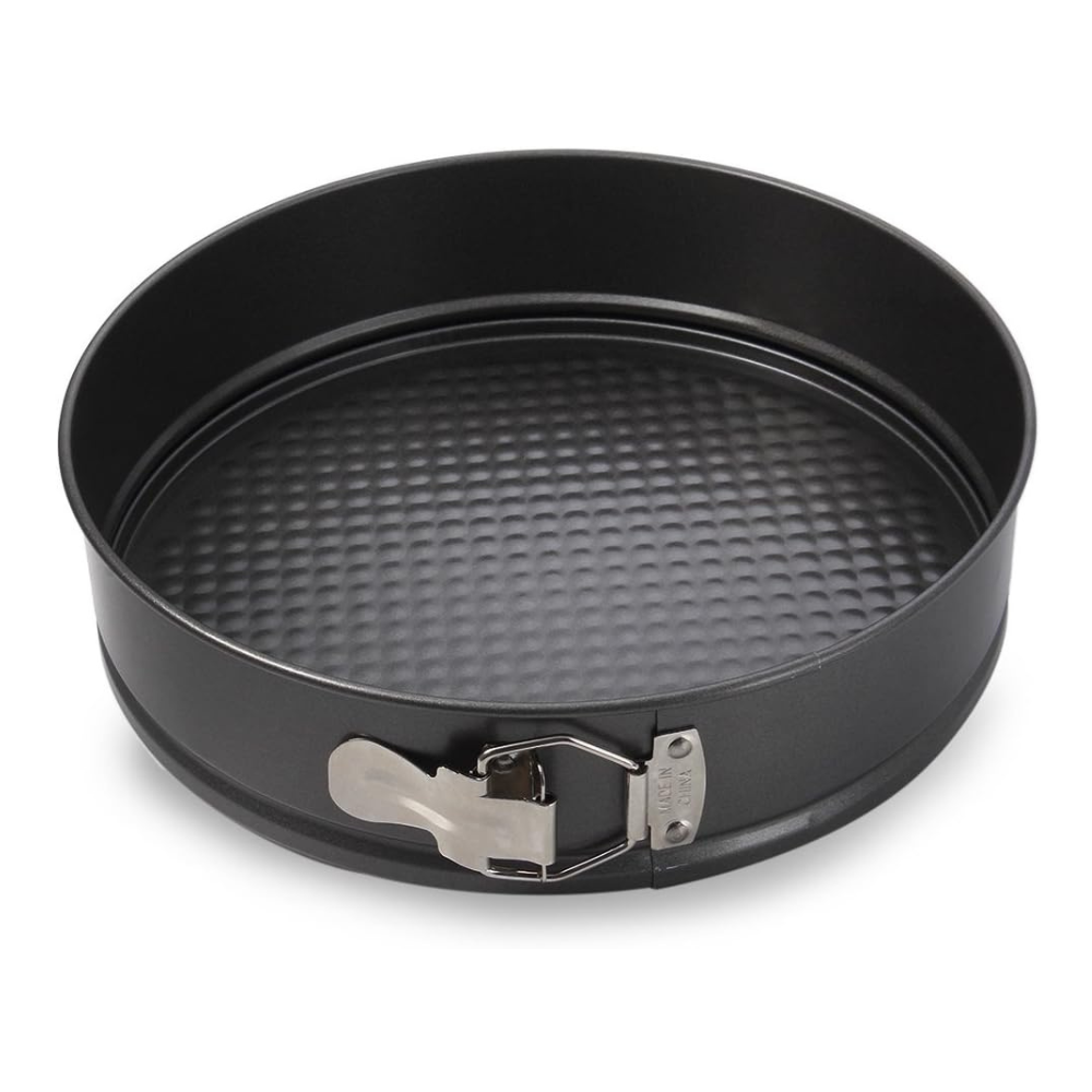3-pcs non-stick cake pan set round, heart, and square shape black for baking.