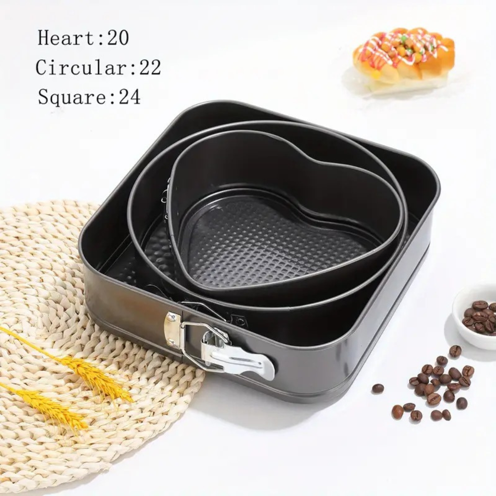 3-pcs non-stick cake pan set round, heart, and square shape black for baking.