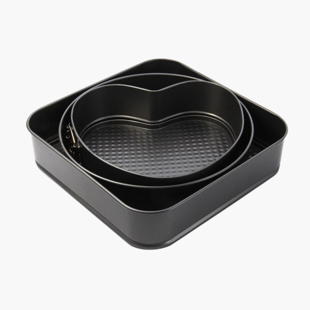 3-pcs non-stick cake pan set round, heart, and square shape black for baking.
