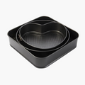 3-pcs non-stick cake pan set round, heart, and square shape black for baking.
