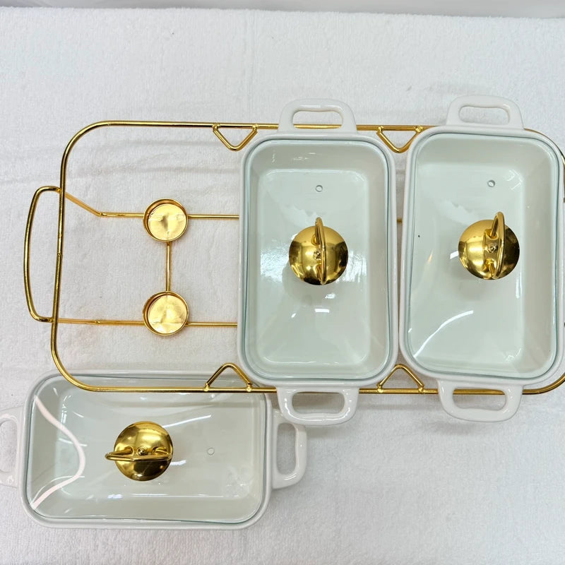 Luxury Set of 3 Food Warmer Casserole with Gold Stand – Elegant Dining Server