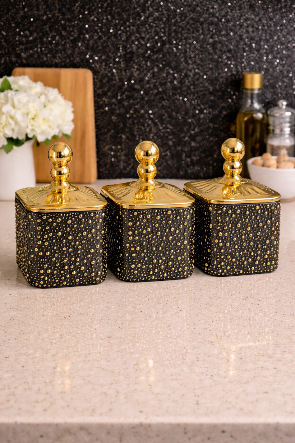 Luxury Black Gold Acrylic Storage Jars Set  – Coffee Tea Sugar Canisters Airtight Kitchen Storage