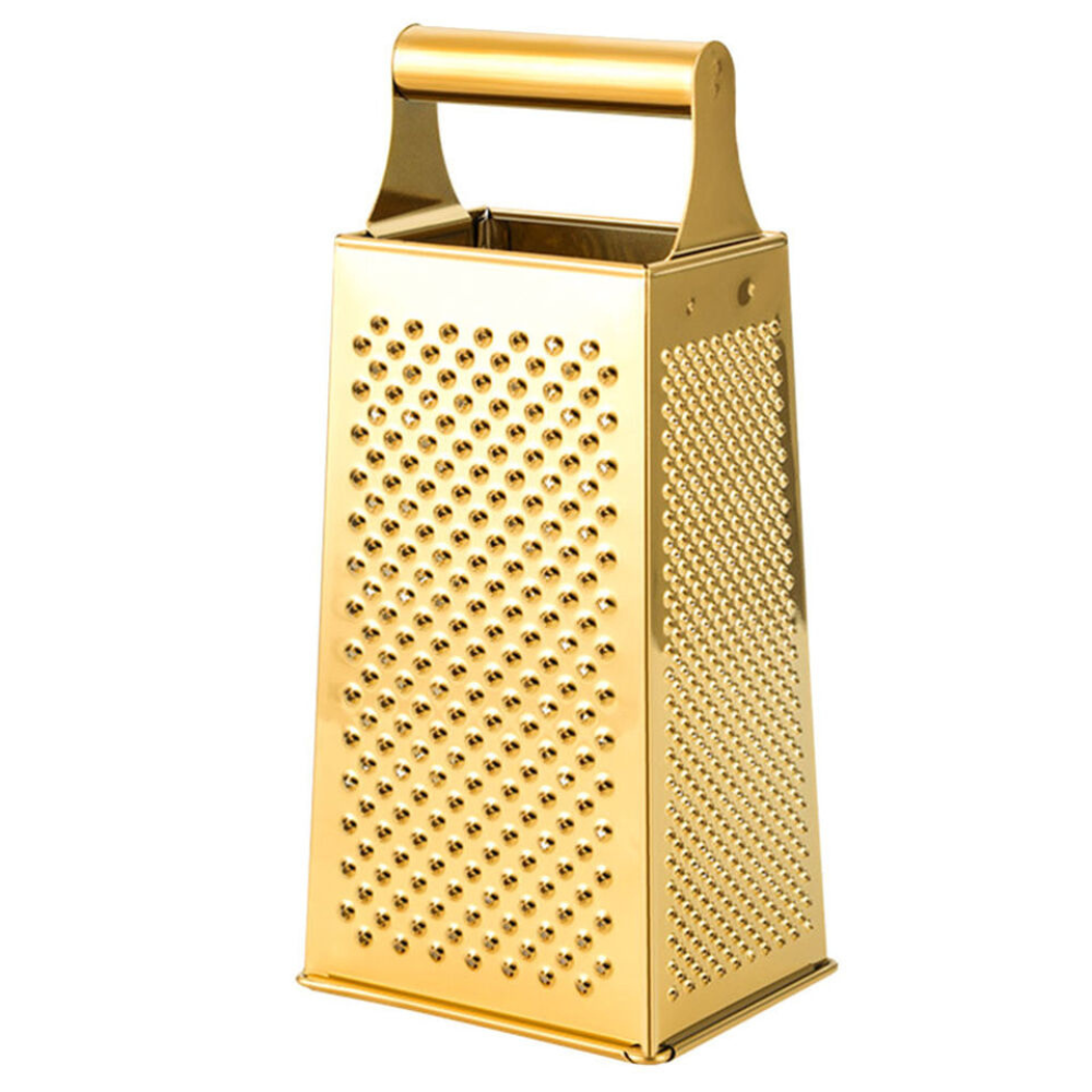 Large 4-Sided Gold Stainless Steel Multi-Use Box Grater, Peeler, and Slicer with Handle