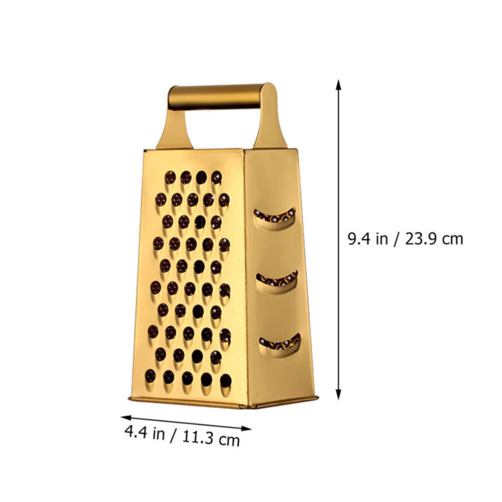 Large 4-Sided Gold Stainless Steel Multi-Use Box Grater, Peeler, and Slicer with Handle