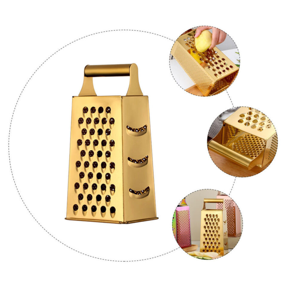 Large 4-Sided Gold Stainless Steel Multi-Use Box Grater, Peeler, and Slicer with Handle
