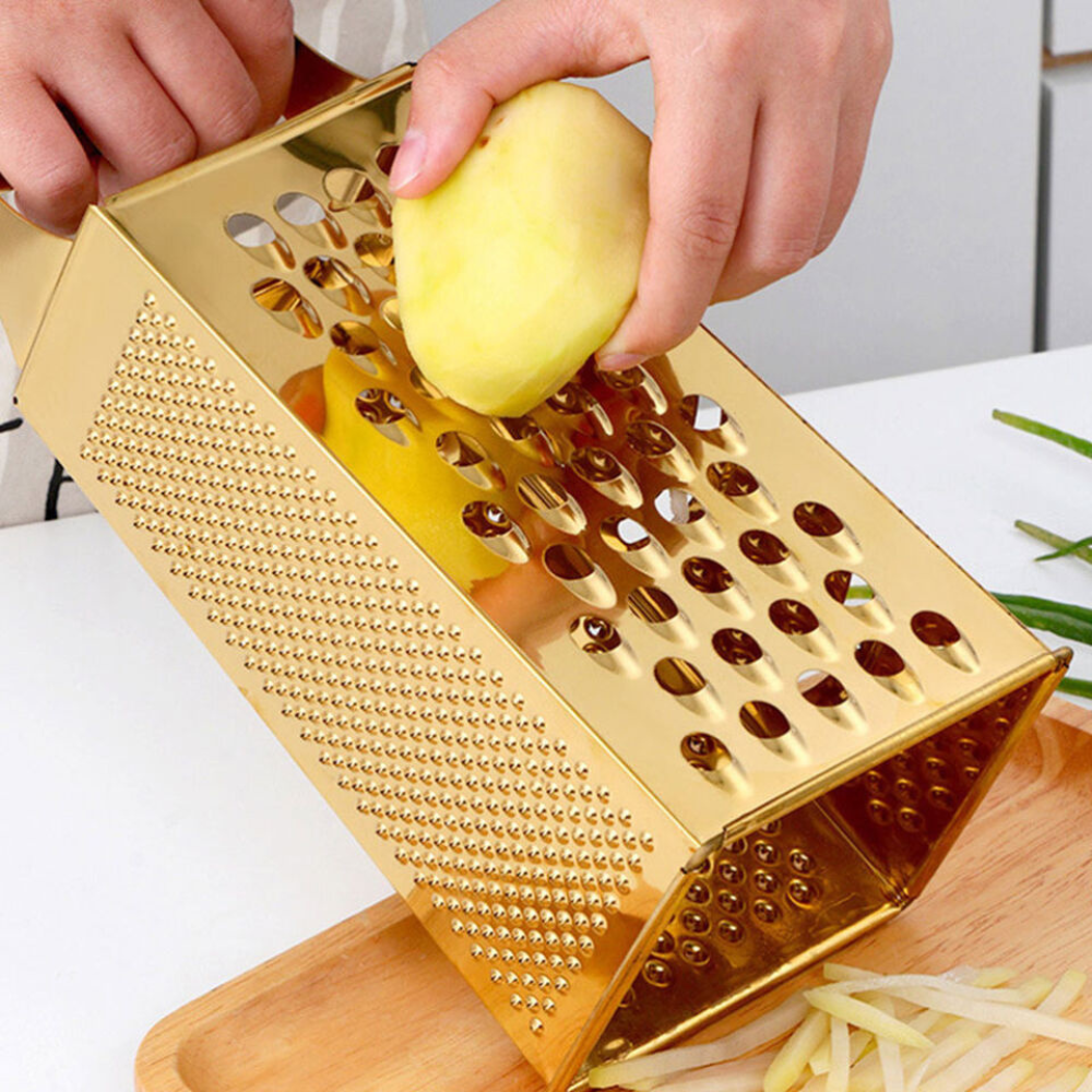 Large 4-Sided Gold Stainless Steel Multi-Use Box Grater, Peeler, and Slicer with Handle