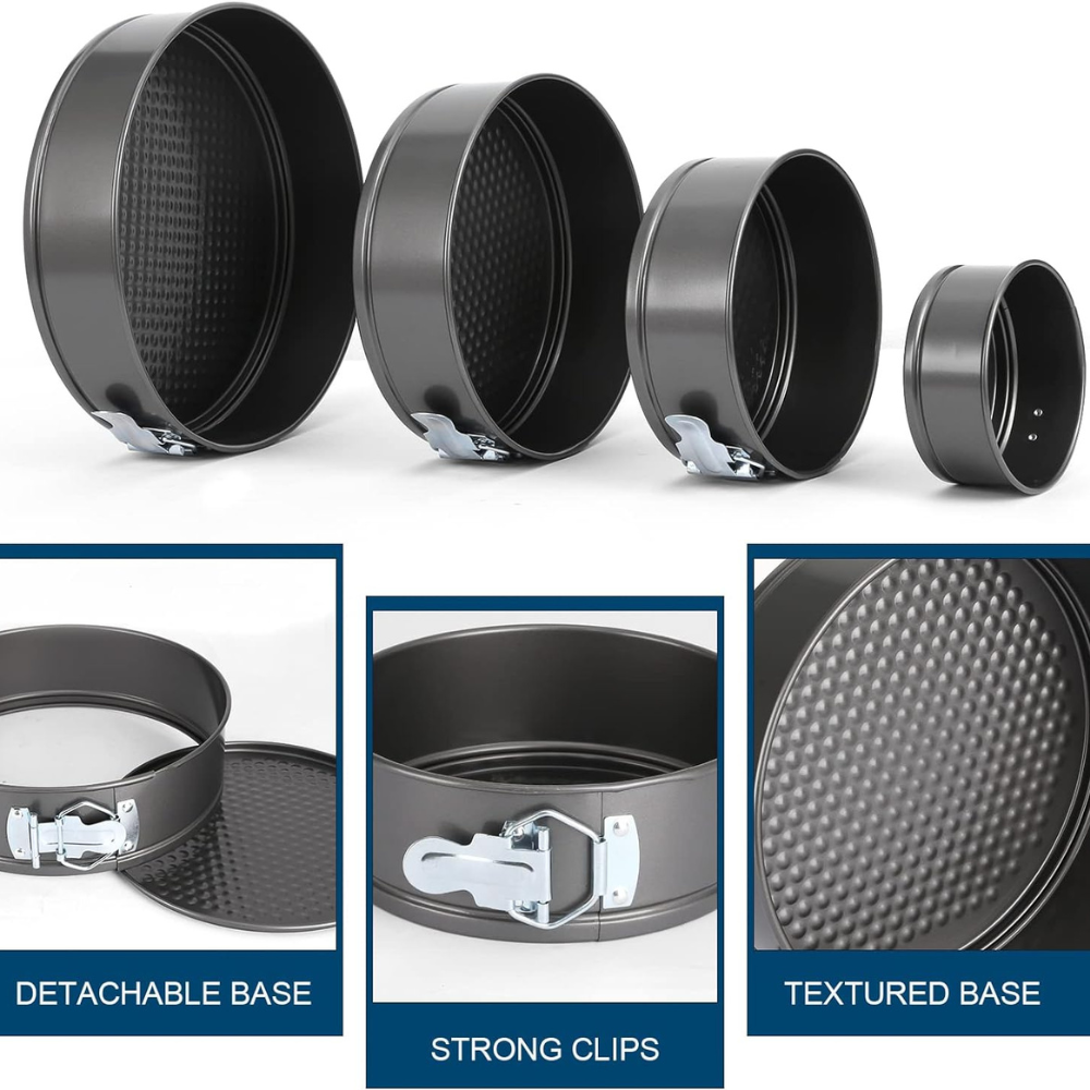 4-piece non-stick springform cake pan in round black baking tray.