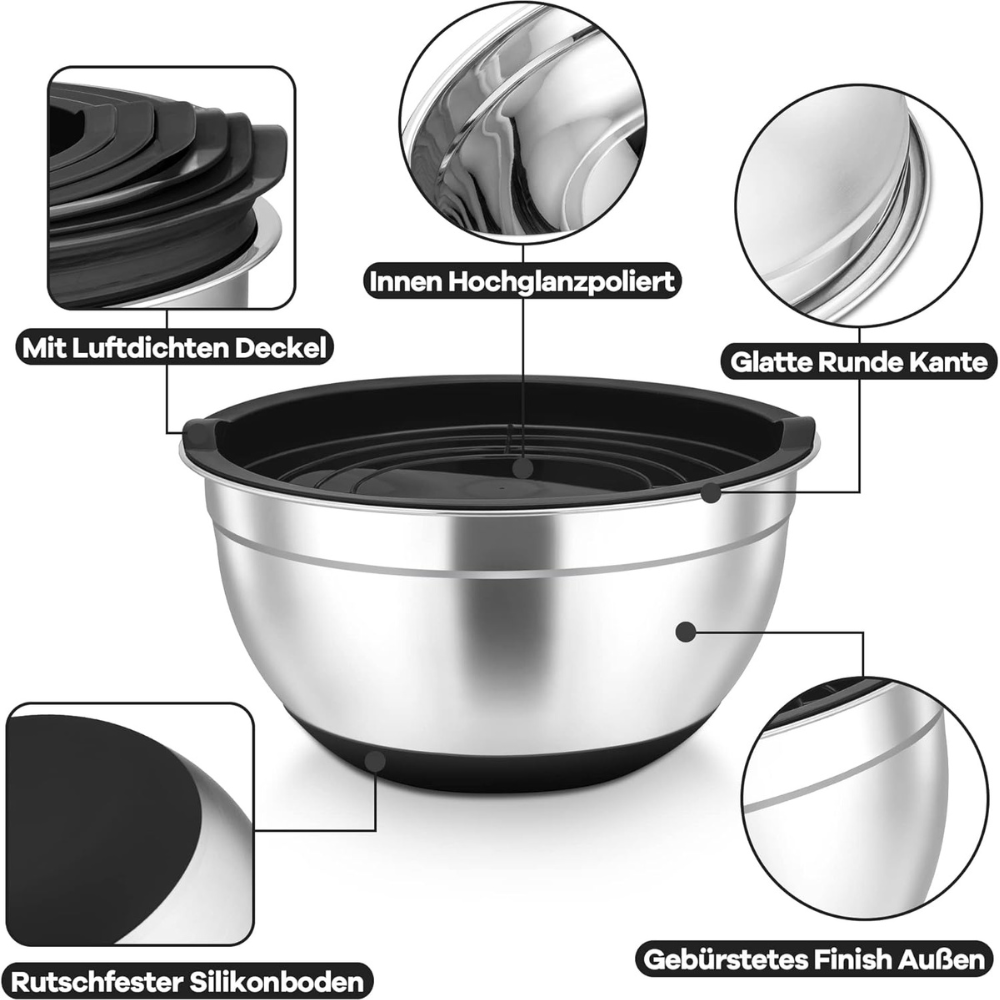 5-Piece Stainless Steel Mixing Bowls with Airtight Lids, Salad Bowl for Baking/Cooking/Preparation.