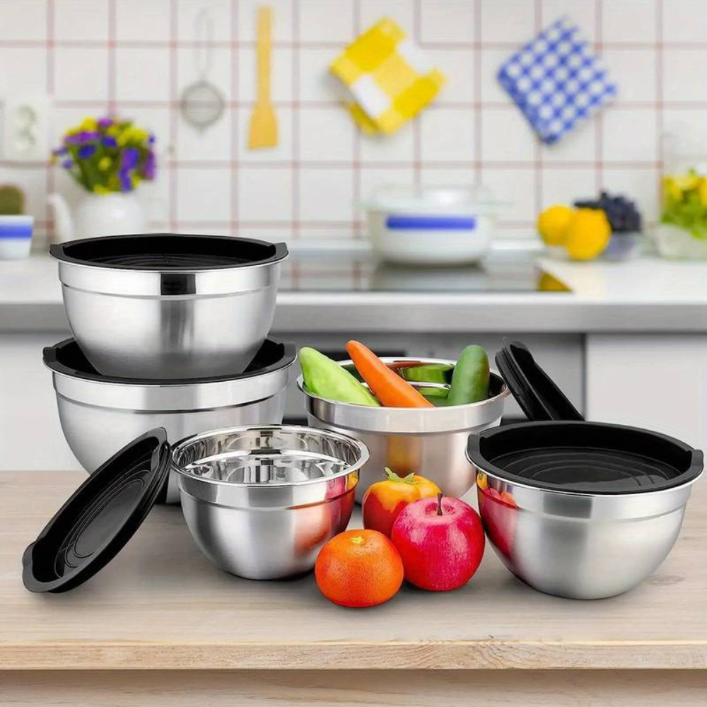 5-Piece Stainless Steel Mixing Bowls with Airtight Lids, Salad Bowl for Baking/Cooking/Preparation.