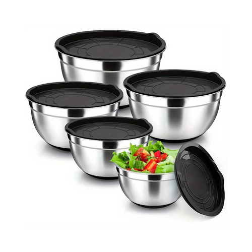 5-Piece Stainless Steel Mixing Bowls with Airtight Lids, Salad Bowl for Baking/Cooking/Preparation.