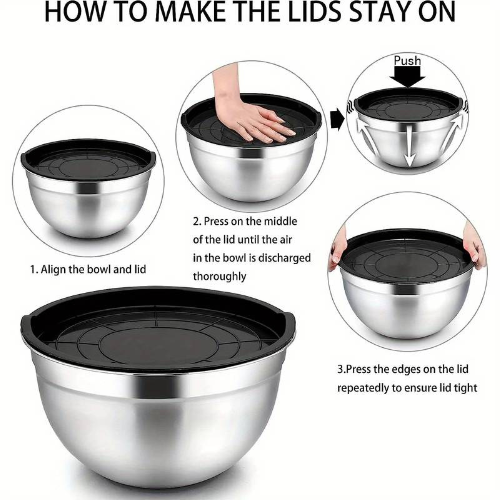 5-Piece Stainless Steel Mixing Bowls with Airtight Lids, Salad Bowl for Baking/Cooking/Preparation.