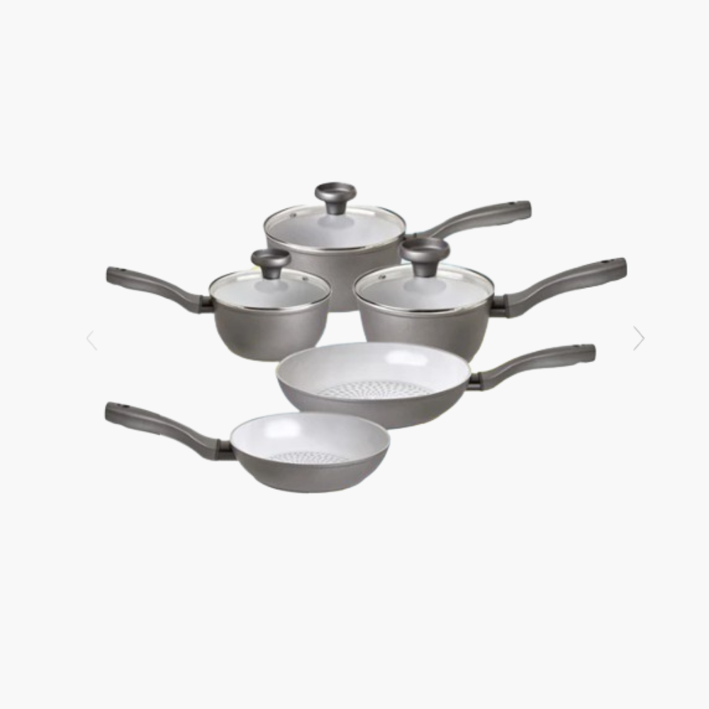 5-piece Earth Pan Non-Stick Saucepan and Frying Pan Set With Glass Lids.