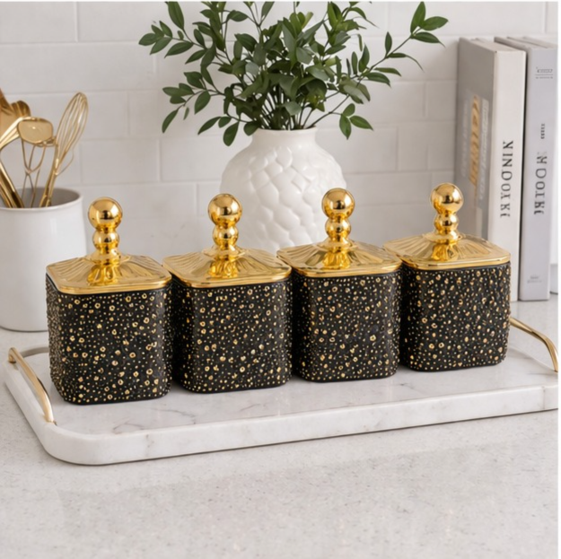 Luxury Black Gold Acrylic Storage Jars Set  – Coffee Tea Sugar Canisters Airtight Kitchen Storage