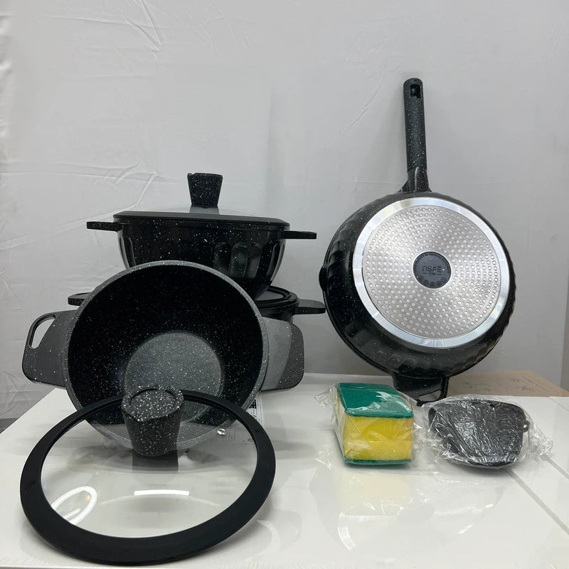 Luxury Granite Pot Set – Black Non Stick 4 Pcs Cooking Pot Set with Ear Buds Holder