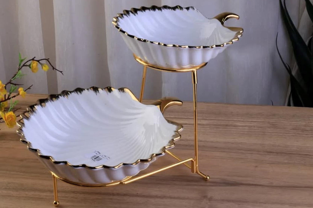 Luxury 2-Tier Ceramic Serving Bowl with Golden Corners – Elegant Tableware