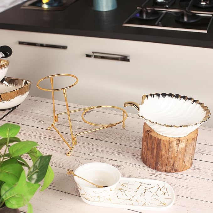Luxury 2-Tier Ceramic Serving Bowl with Golden Corners – Elegant Tableware