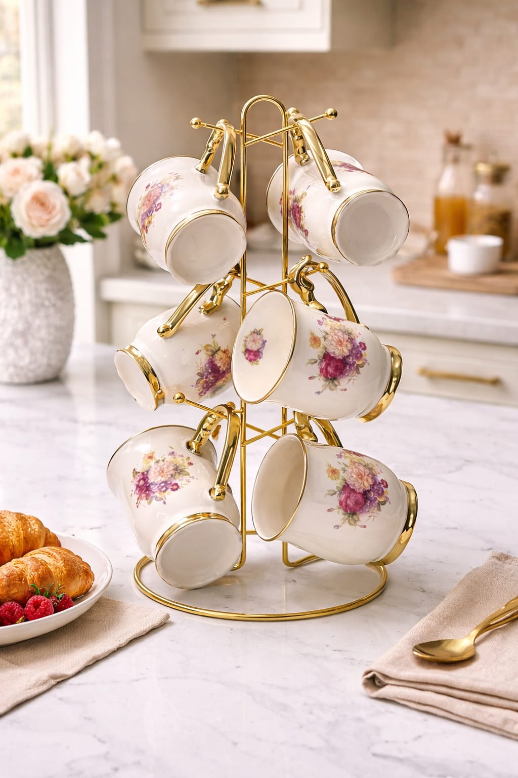 Luxury Porcelain Tea Cups Set with Gold Stand 300ml Floral Coffee Mugs Holder Rack Kitchen Display Set