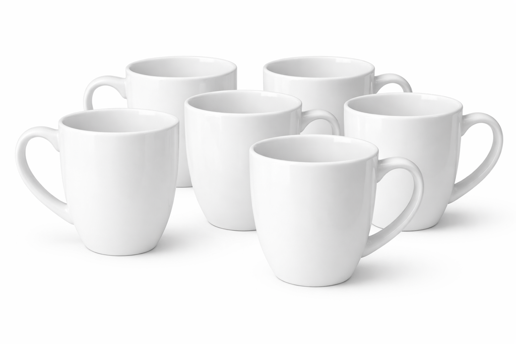 Shop glossy white ceramic mug set 310ml. Modern coffee and tea cups set of 6, durable, stylish and perfect for everyday kitchen use.