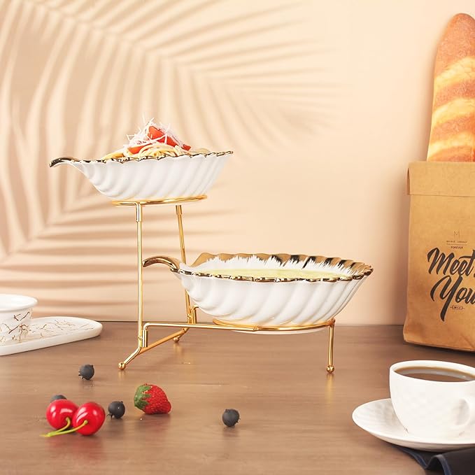 Luxury 2-Tier Ceramic Serving Bowl with Golden Corners – Elegant Tableware