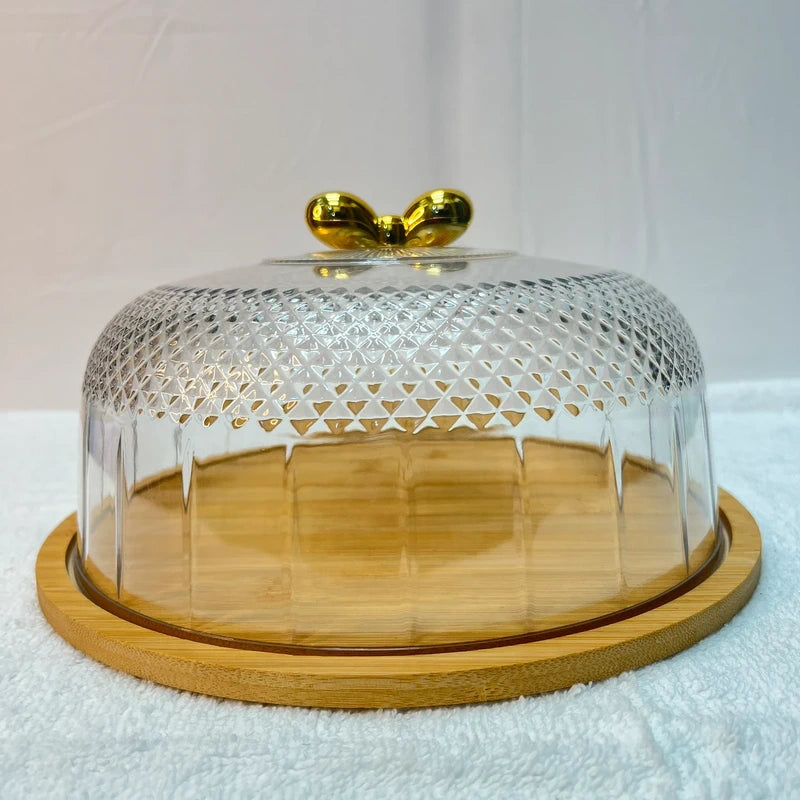Luxury Bamboo Cake Dish with Glass Plastic Lid 1 Piece