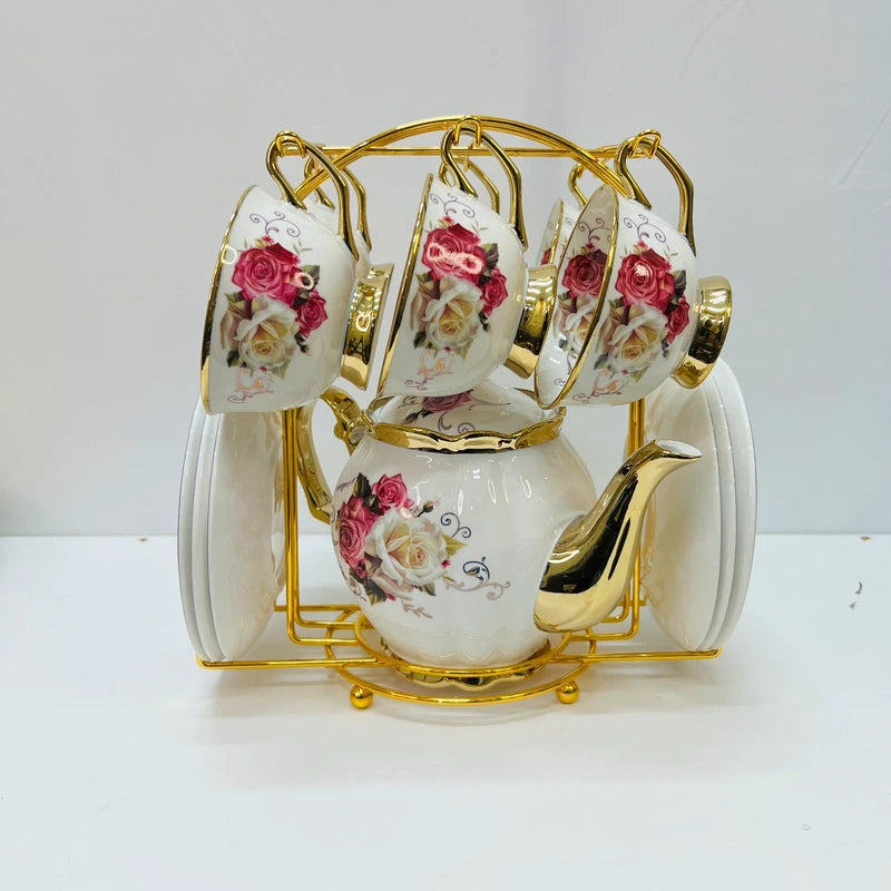 Luxury Floral Tea Pot Set – Ceramic Teapot with 6 Cups