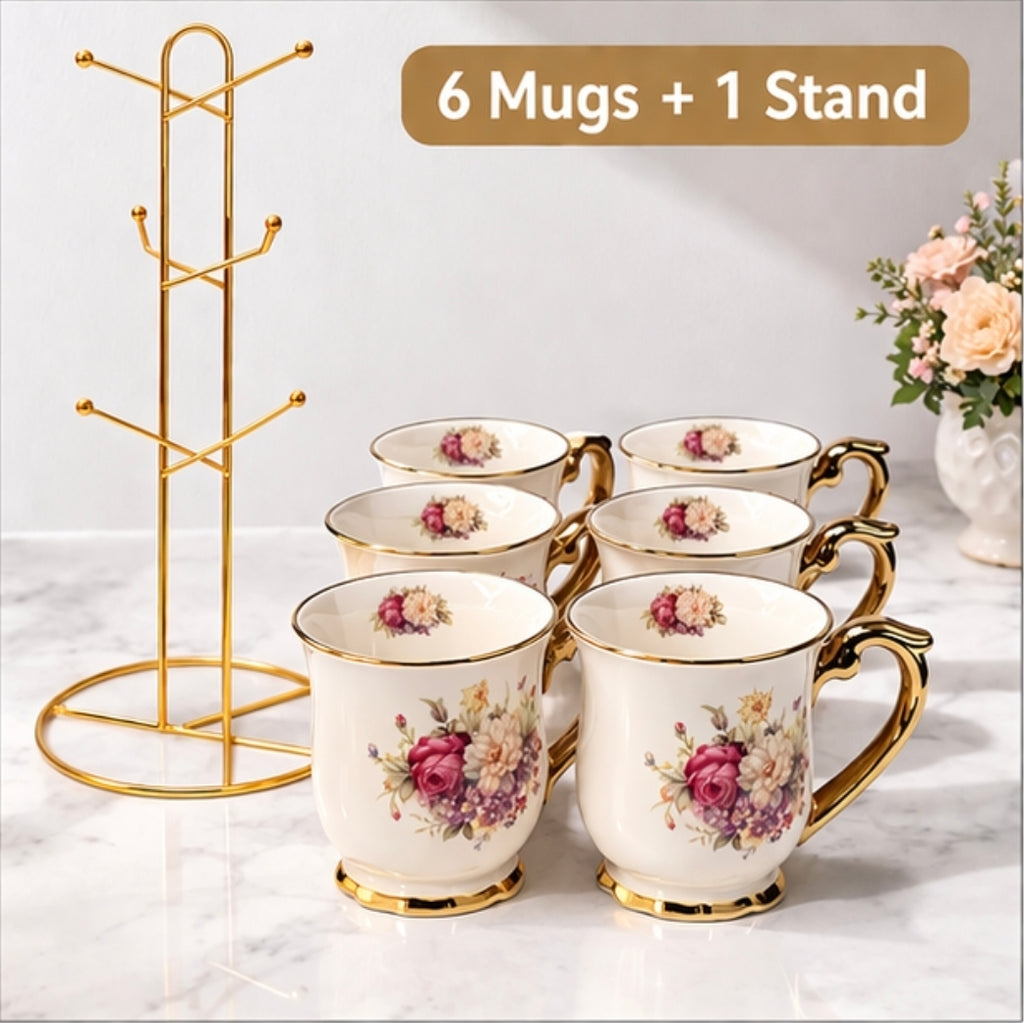 Luxury Porcelain Tea Cups Set with Gold Stand 300ml Floral Coffee Mugs Holder Rack Kitchen Display Set