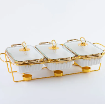 Luxury Elegant 3-Section Serving Dish with Gold Design – Premium Tableware