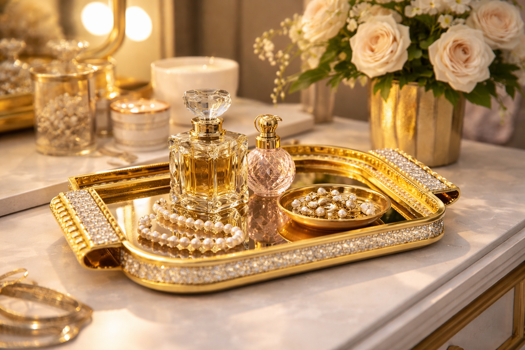 Luxury Royal Crystal Gold Serving Tray – Elegant Decorative Serving Tray