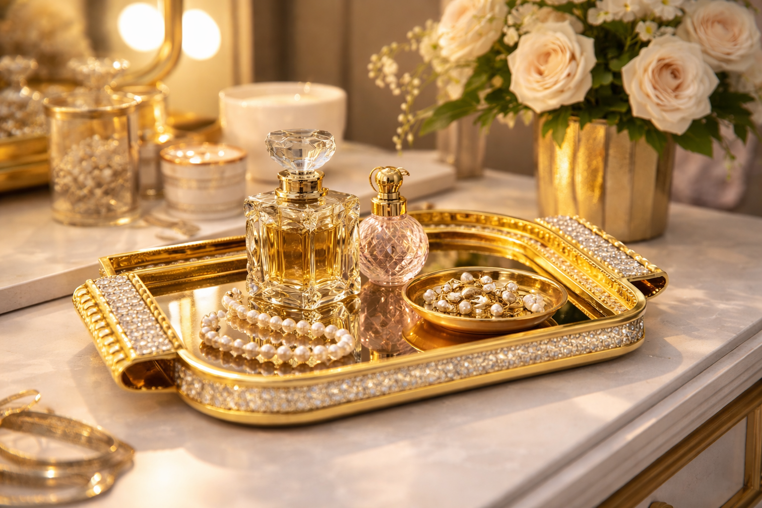 Luxury Royal Crystal Gold Serving Tray – Elegant Decorative Serving Tray
