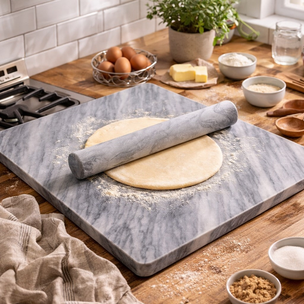 Luxury Heavy Marble Pastry Board 38x38 cm with Rolling Pin – Extra Large Non-Slip 1Piece
