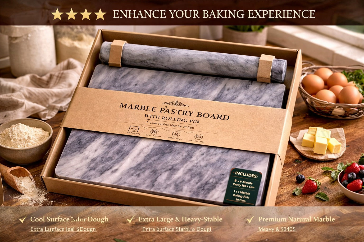 Luxury Heavy Marble Pastry Board 38x38 cm with Rolling Pin – Extra Large Non-Slip 1Piece