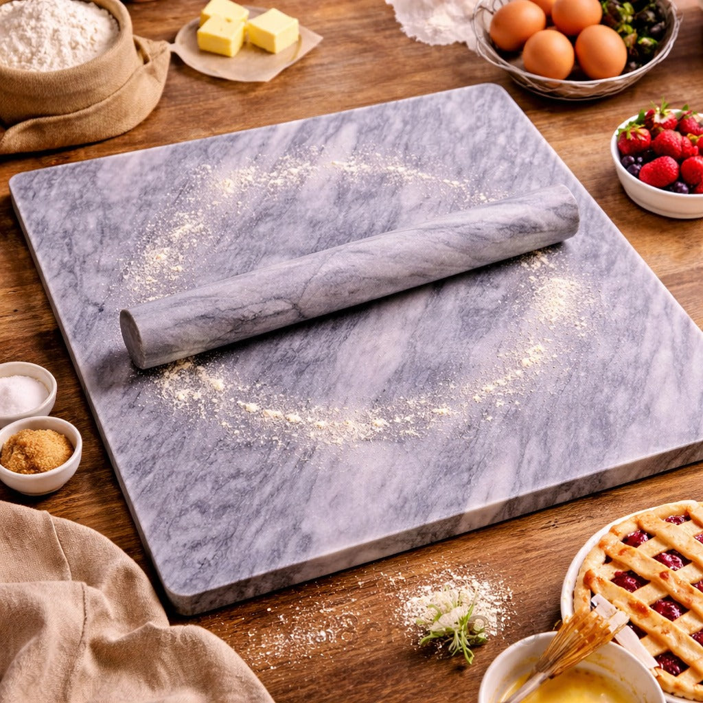 Luxury Heavy Marble Pastry Board 38x38 cm with Rolling Pin – Extra Large Non-Slip 1Piece