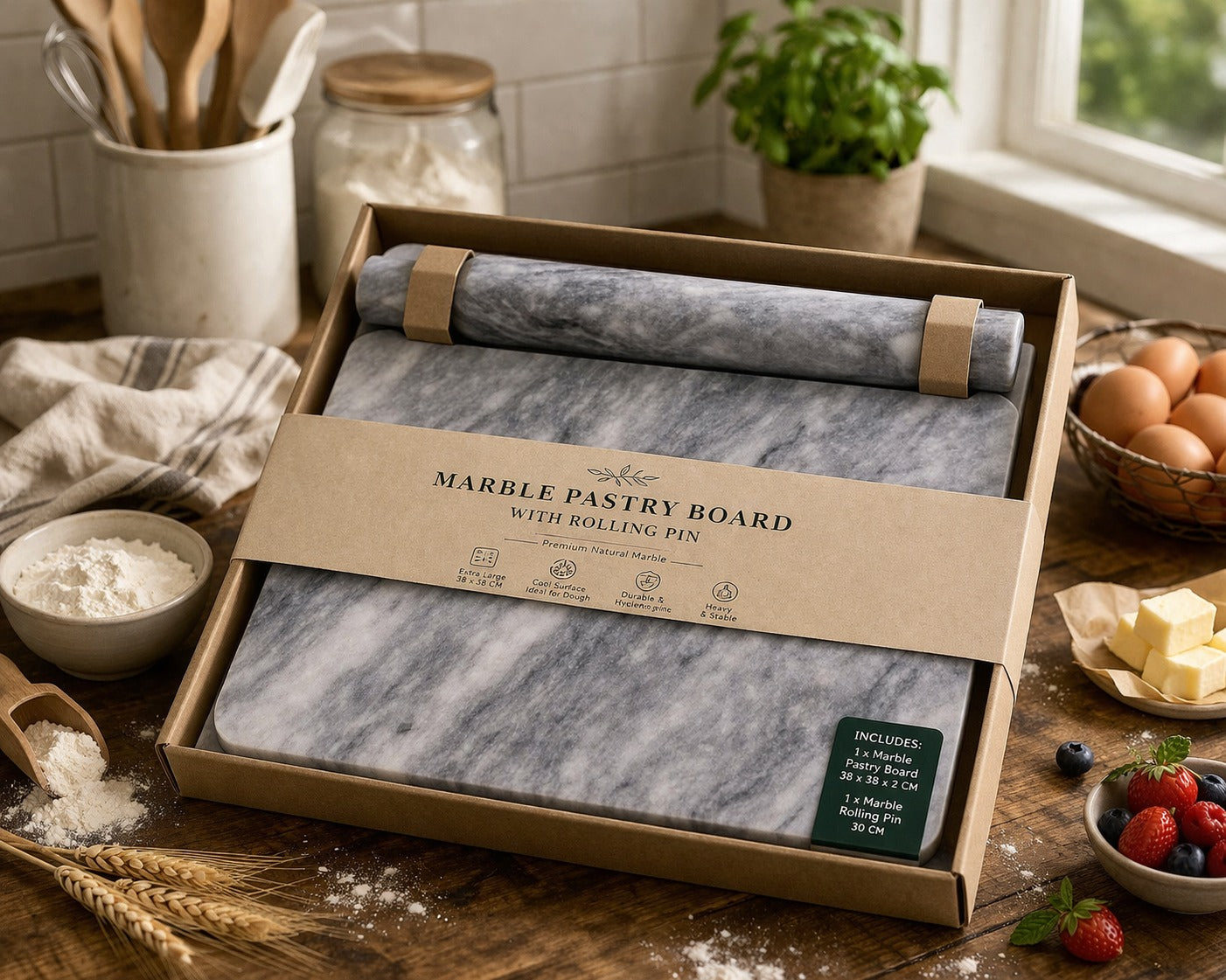 Luxury Heavy Marble Pastry Board 38x38 cm with Rolling Pin – Extra Large Non-Slip 1Piece
