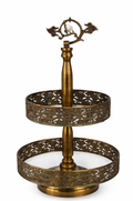 Luxury 2-tier vintage glass cake stand with gold ornamental frame for dessert display and table centerpiece