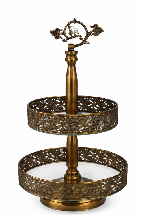 Luxury 2-tier vintage glass cake stand with gold ornamental frame for dessert display and table centerpiece