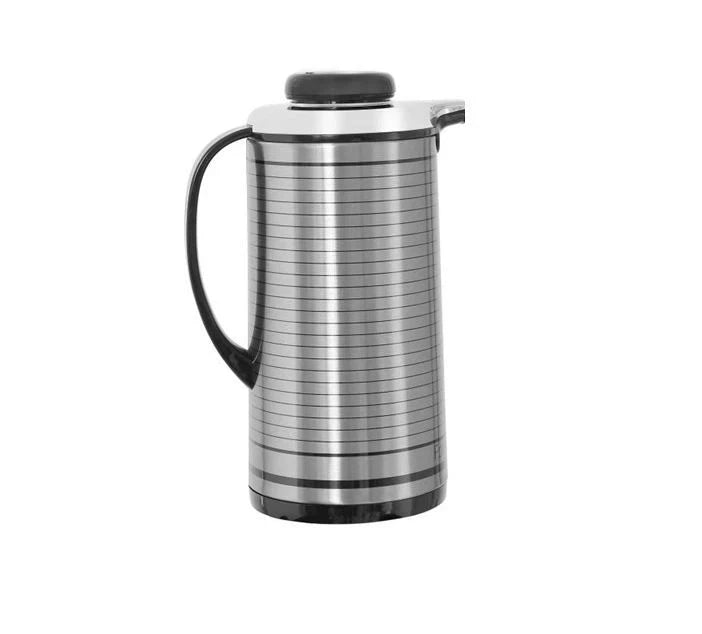 Stainless steel thermos with black handle on a white background
