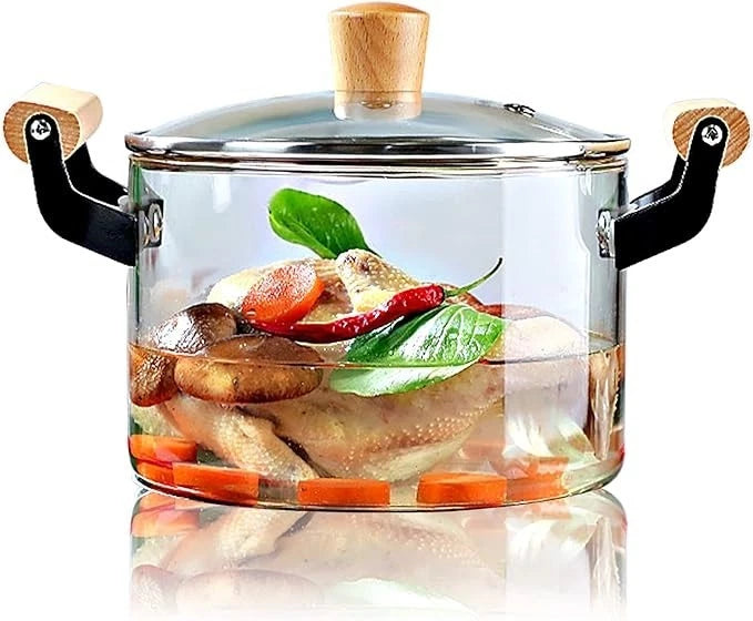 Luxury 3.5L transparent glass cooking pot with wooden handles and lid for healthy cooking