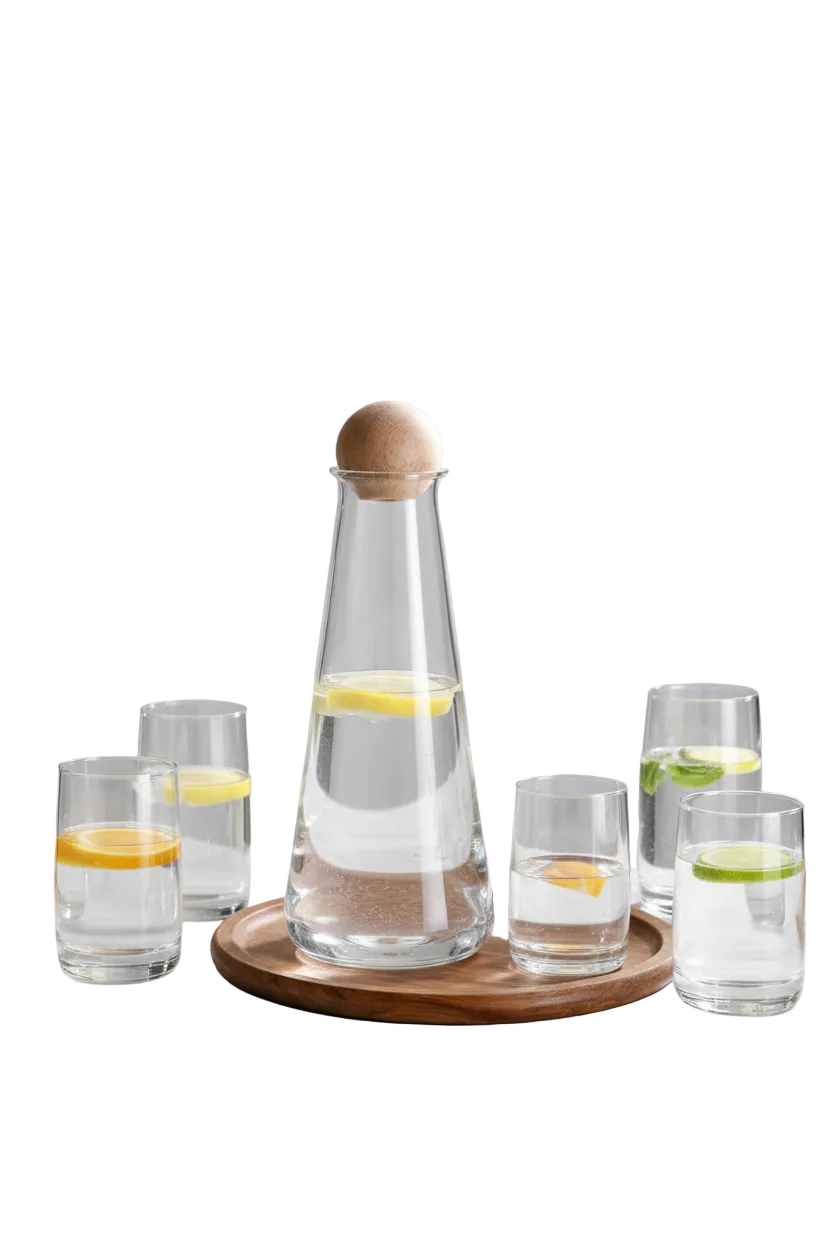 Clear carafe with wooden top on a marble surface with glasses containing water and lemon slices.