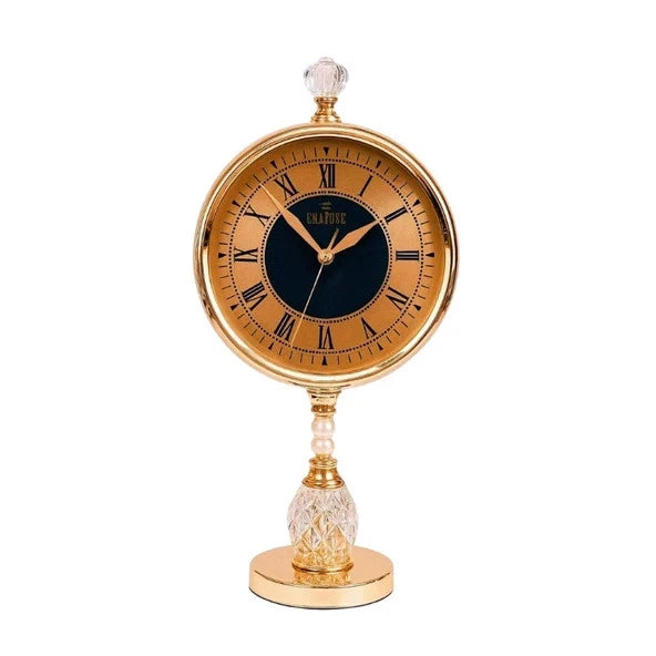 Luxury gold mirrored table clock with Roman numerals and decorative crystal base for home decor